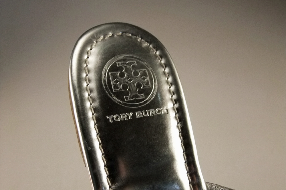 Two Pair of Tory Burch Flip Flop Sandals in Black and Silver with Cut Out Logo