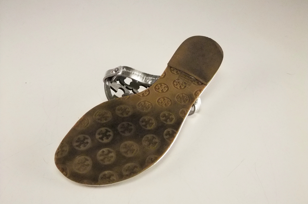 Two Pair of Tory Burch Flip Flop Sandals in Black and Silver with Cut Out Logo