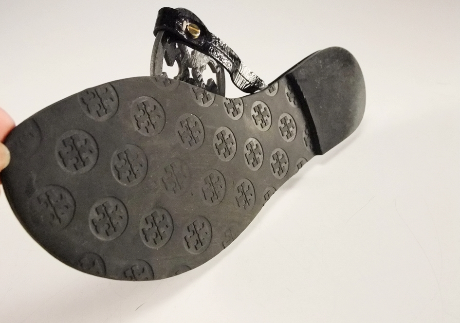 Two Pair of Tory Burch Flip Flop Sandals in Black and Silver with Cut Out Logo