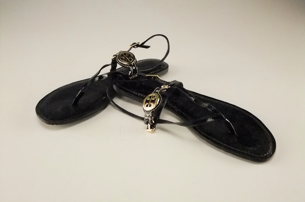 Pair of Tory Burch Black Patent Leather Sandals with Goldtone Logo Medallion