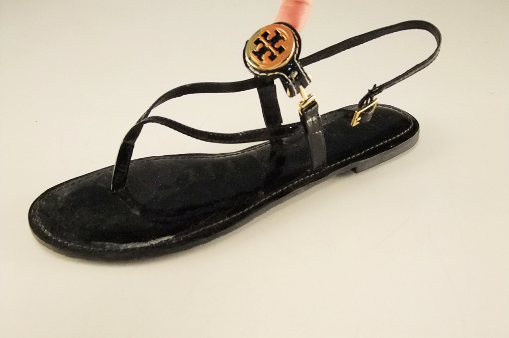 Pair of Tory Burch Black Patent Leather Sandals with Goldtone Logo Medallion