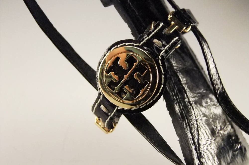 Pair of Tory Burch Black Patent Leather Sandals with Goldtone Logo Medallion
