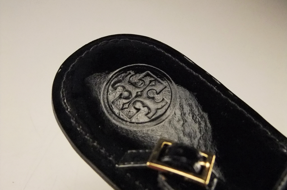 Pair of Tory Burch Black Patent Leather Sandals with Goldtone Logo Medallion