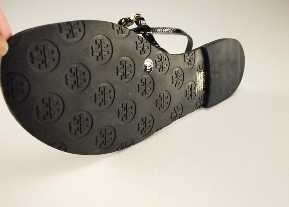 Pair of Tory Burch Black Patent Leather Sandals with Goldtone Logo Medallion
