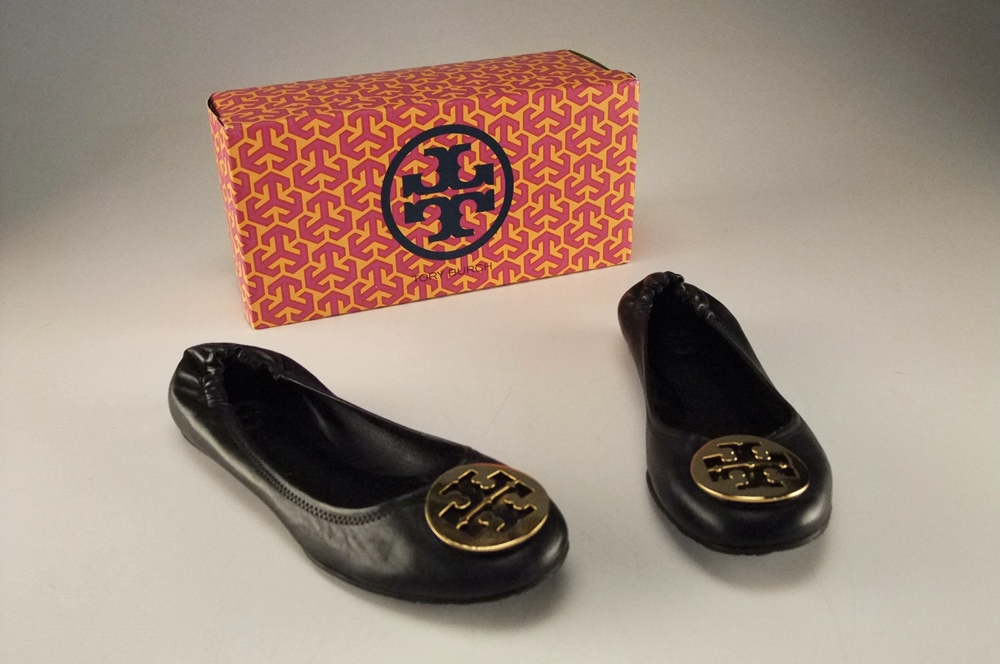 Pair of Tory Burch Black Soft Leather Reva Ballerina Flats