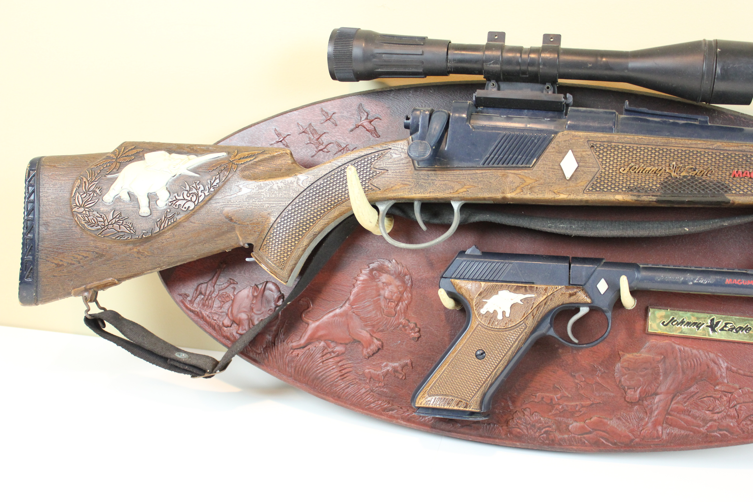 1960s Topper Toys Johnny Eagle Magumba Toy Gun Set with Plaque