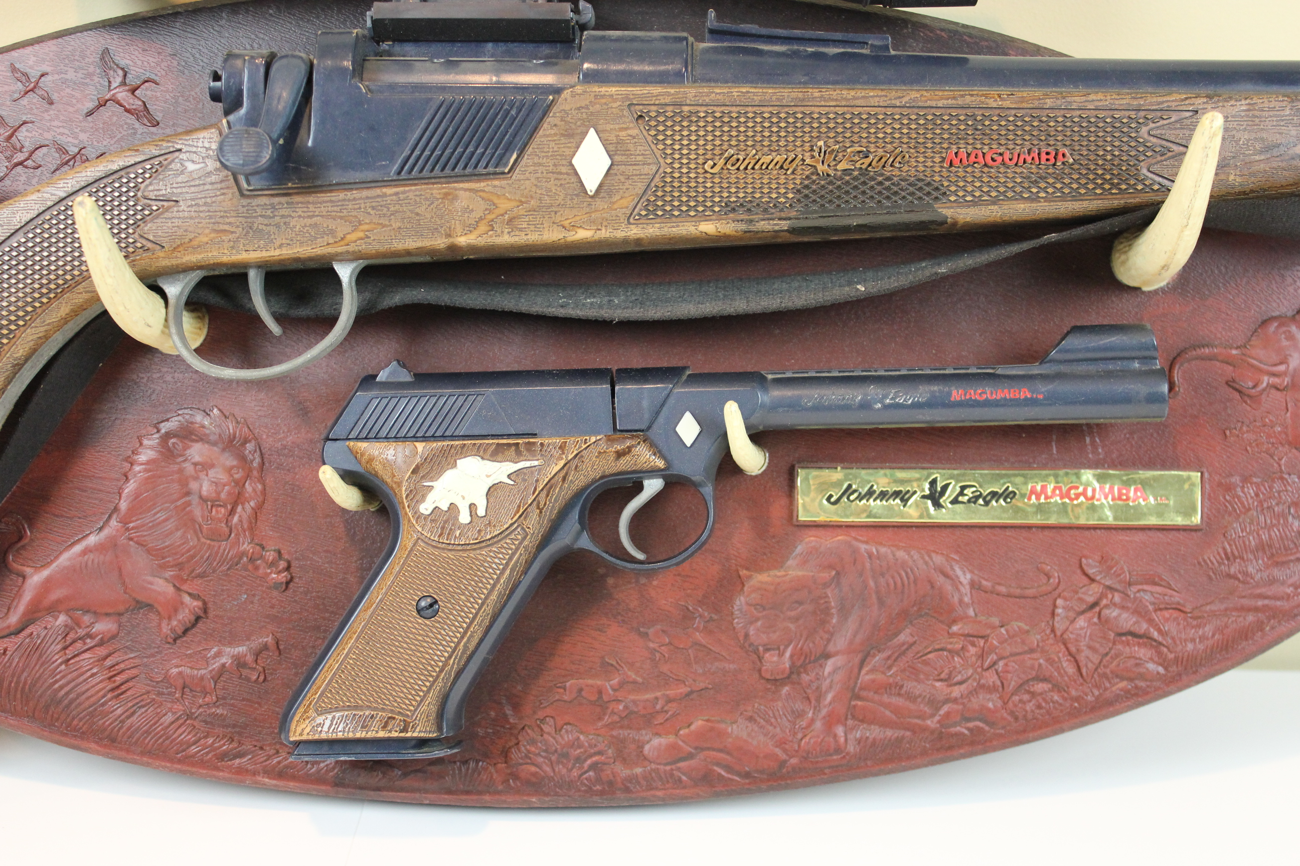 1960s Topper Toys Johnny Eagle Magumba Toy Gun Set with Plaque