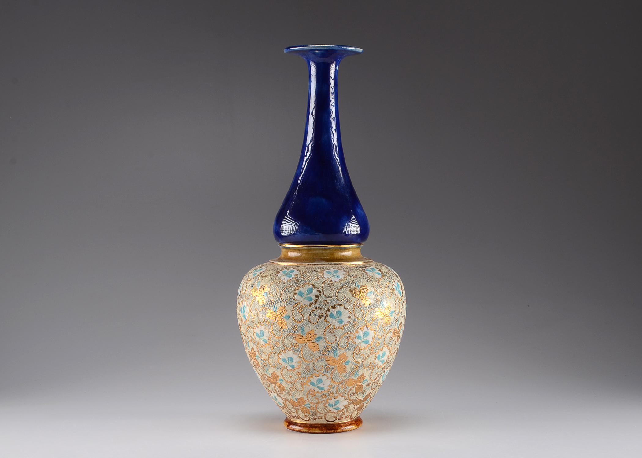 Royal Doulton Cobalt Blue Tall Art Pottery Vase. 1890. Chine/Tapestry.