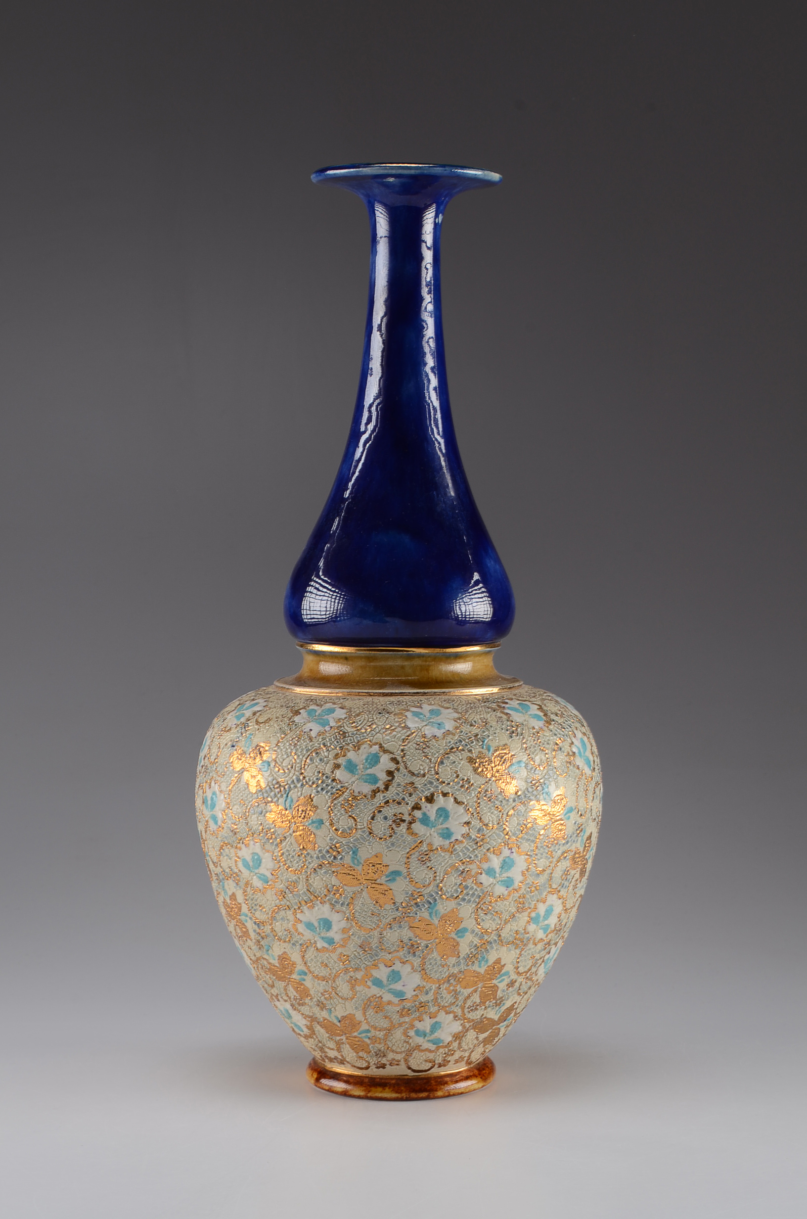 Royal Doulton Cobalt Blue Tall Art Pottery Vase. 1890. Chine/Tapestry.