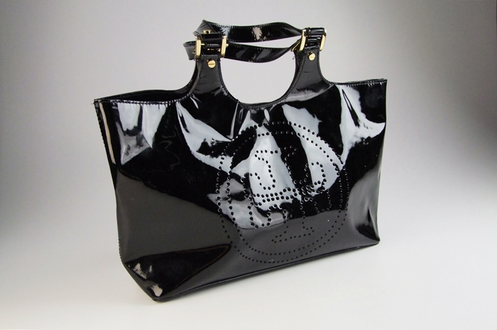 Tory Burch Black Patent Leather Tote with Pierced Logo Medallion