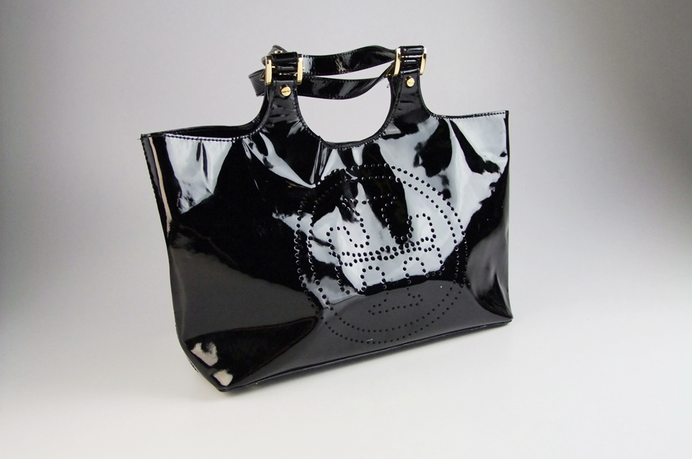 Tory Burch Black Patent Leather Tote with Pierced Logo Medallion