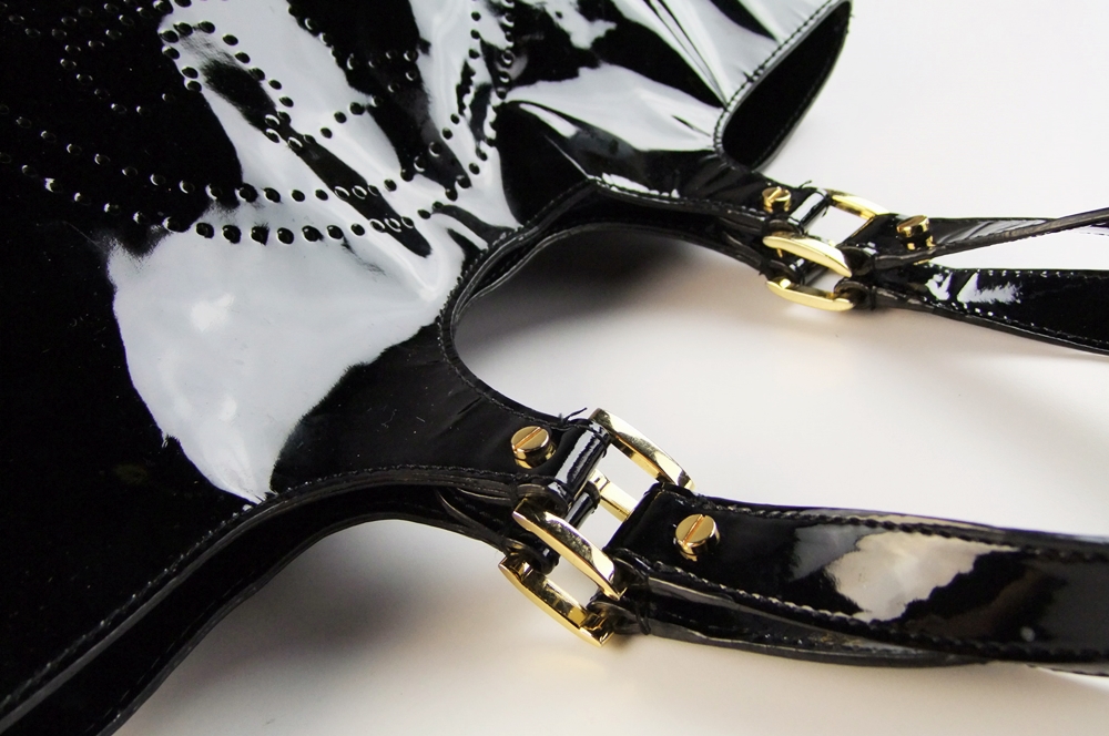 Tory Burch Black Patent Leather Tote with Pierced Logo Medallion