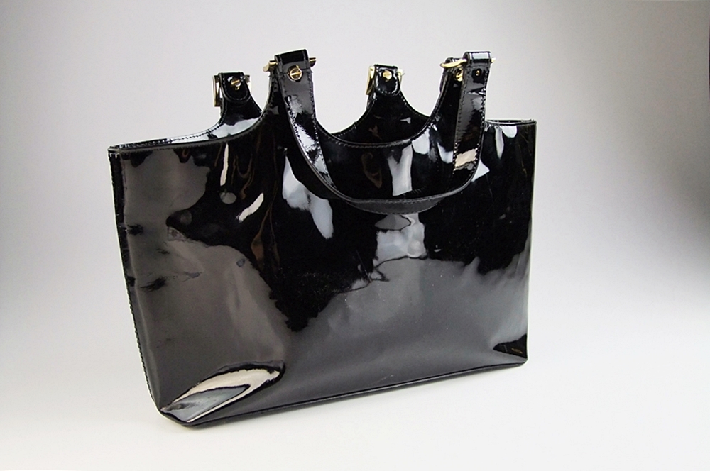 Tory Burch Black Patent Leather Tote with Pierced Logo Medallion