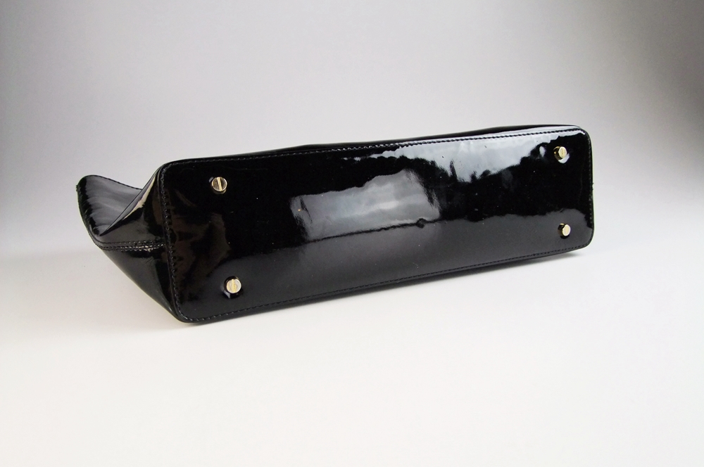 Tory Burch Black Patent Leather Tote with Pierced Logo Medallion