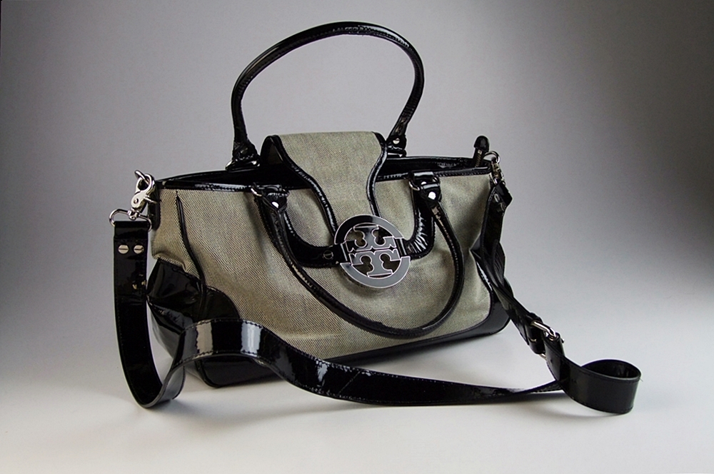 Tory Burch Black and White Handbag Trimmed in Black Patent Leather