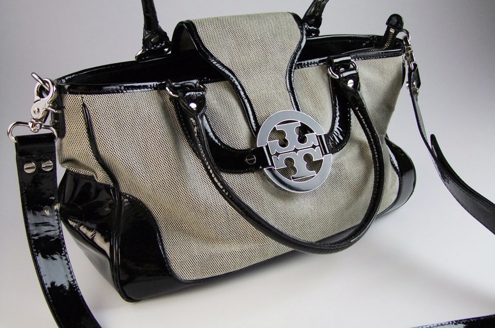 Tory Burch Black and White Handbag Trimmed in Black Patent Leather