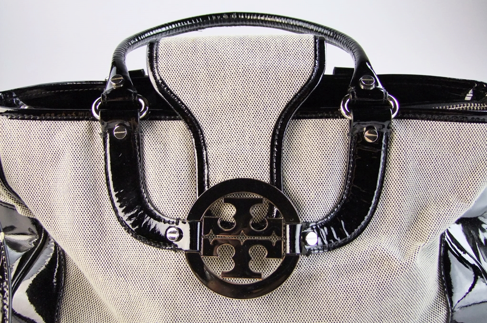 Tory Burch Black and White Handbag Trimmed in Black Patent Leather