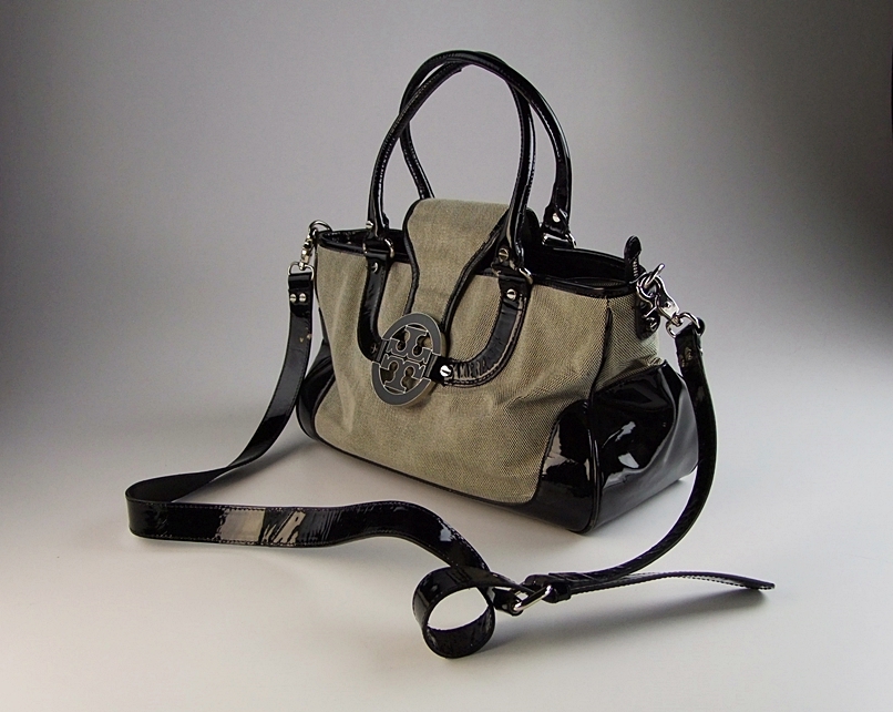 Tory Burch Black and White Handbag Trimmed in Black Patent Leather