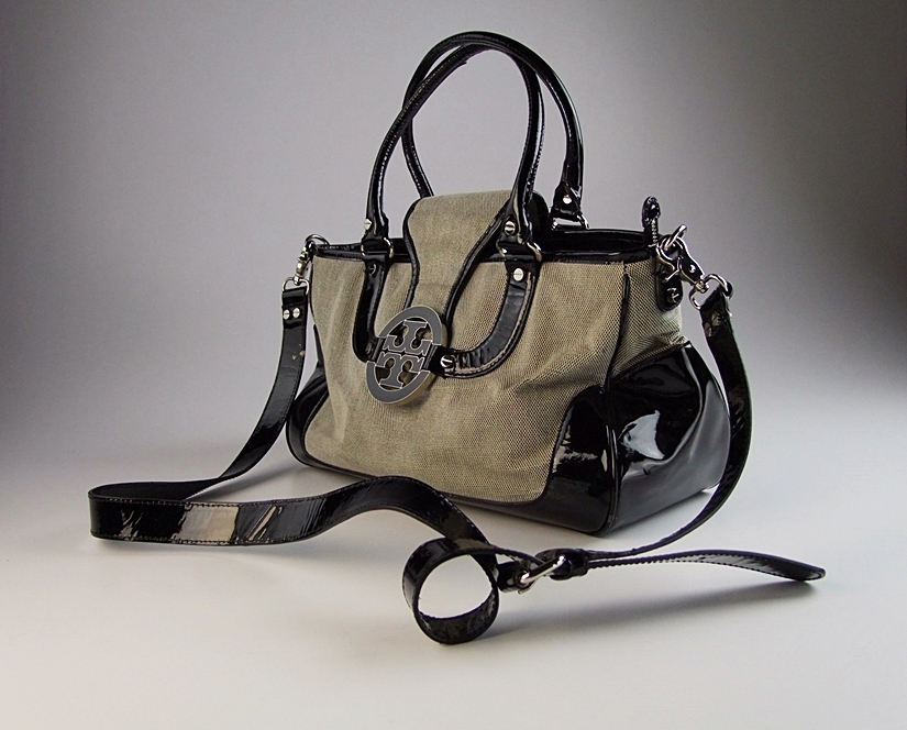 Tory Burch Black and White Handbag Trimmed in Black Patent Leather