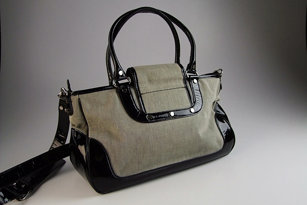 Tory Burch Black and White Handbag Trimmed in Black Patent Leather