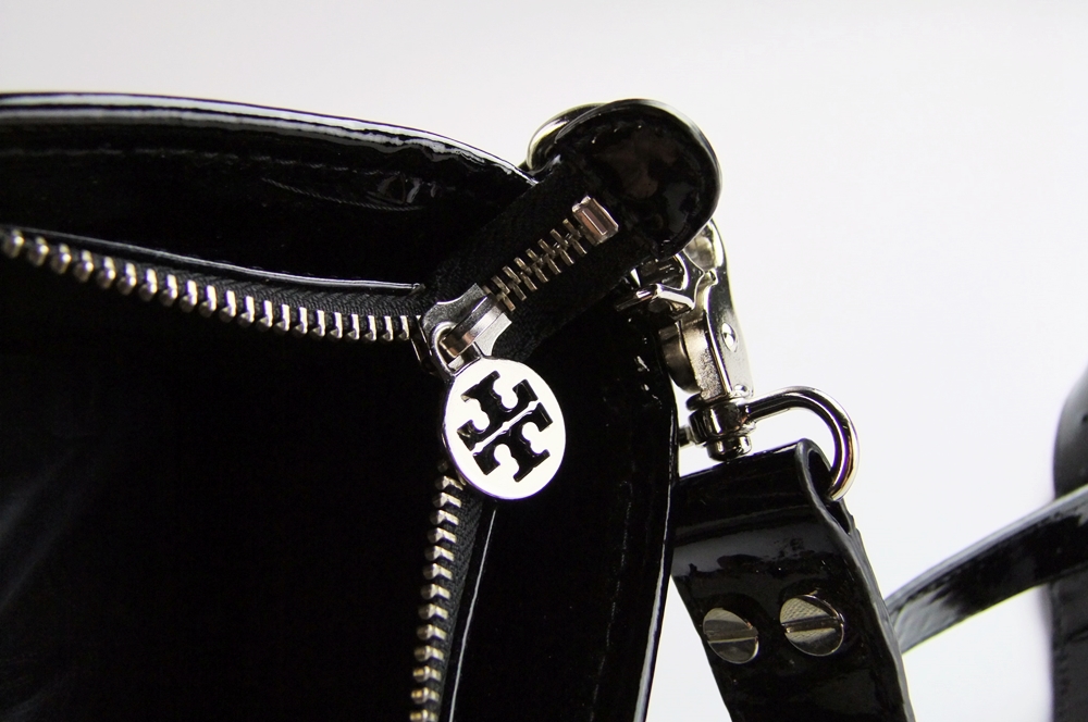 Tory Burch Black and White Handbag Trimmed in Black Patent Leather