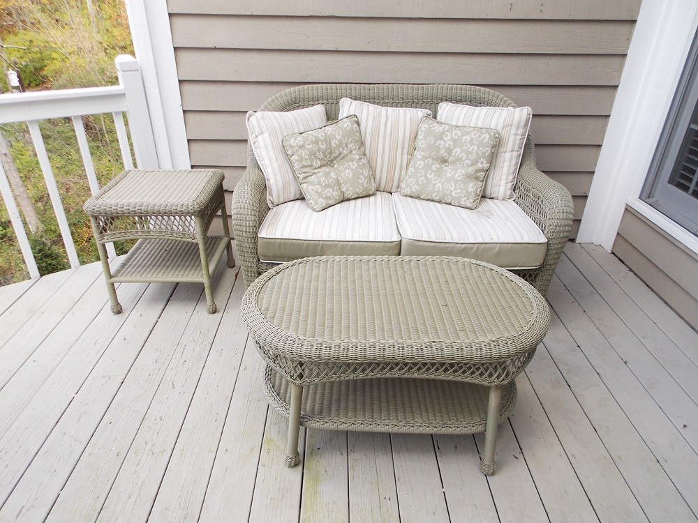 Martha Stewart Sage Green Wicker Like Porch Settee, Coffee Table and End Table