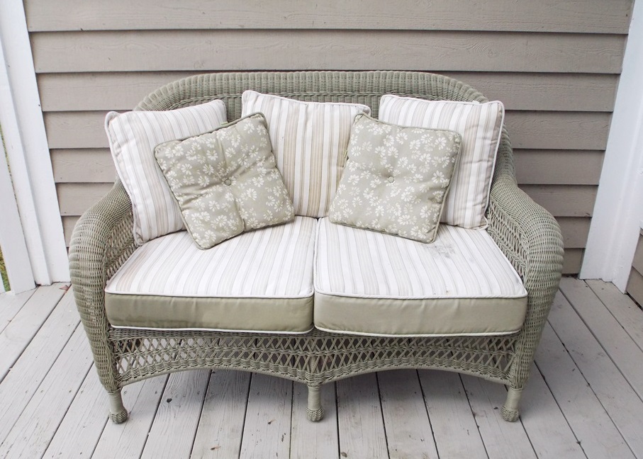 Martha Stewart Sage Green Wicker Like Porch Settee, Coffee Table and End Table