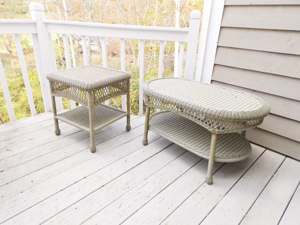 Martha Stewart Sage Green Wicker Like Porch Settee, Coffee Table and End Table