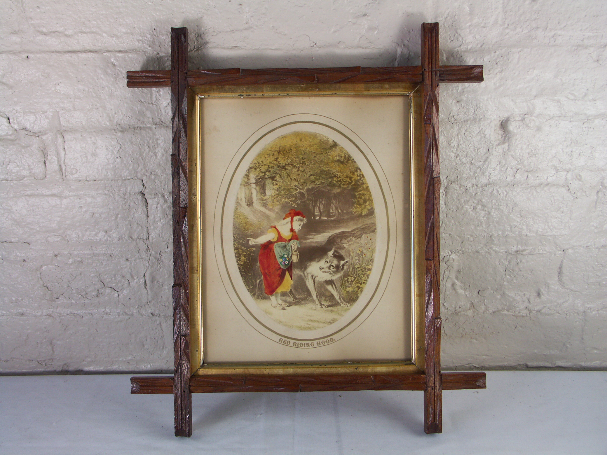 Antique Red Riding Hood Print in Black Forest Style Frame