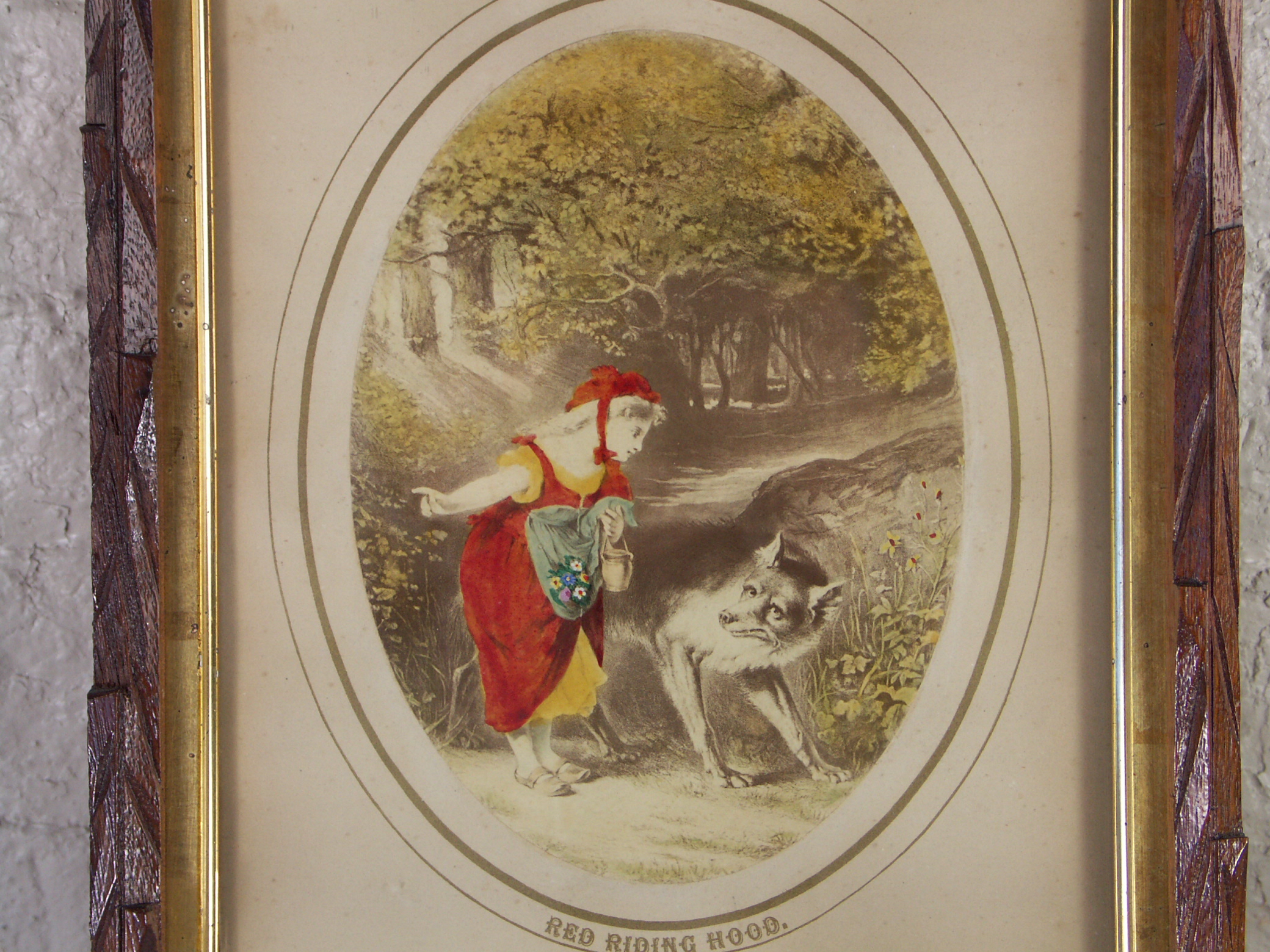 Antique Red Riding Hood Print in Black Forest Style Frame