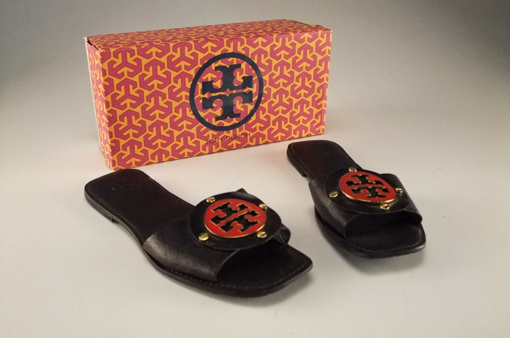 Pair of Tory Burch Leather Gaby Slides in Coconut