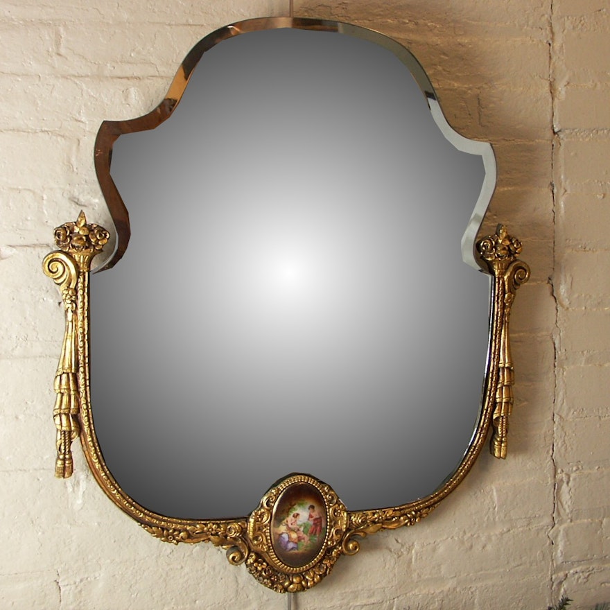 Ornate Provincial Style Mirror with Porcelain Pediment