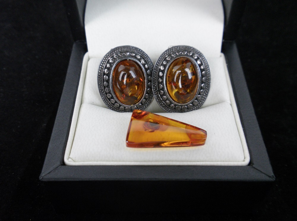 Amber & Silver Earrings Plus Amber Stone