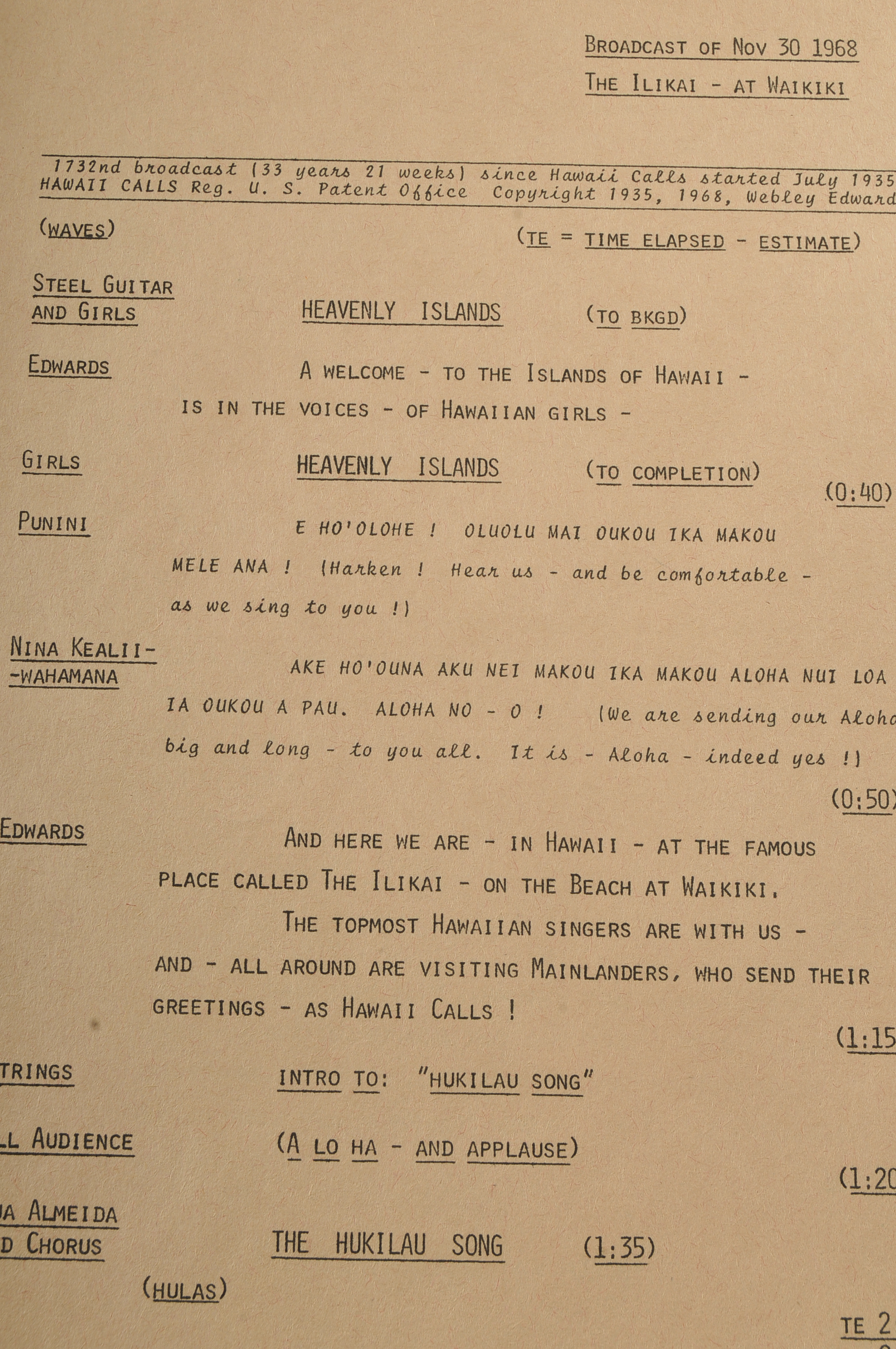 Hawaii Calls Personal Script Signed by Merley Edwards