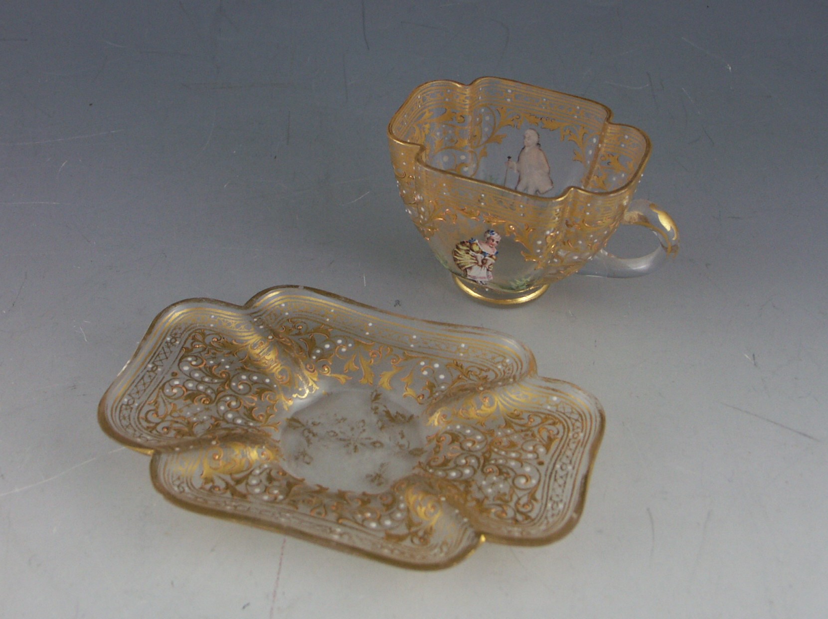 Antique Quatrefoil Glass Victorian Glass Teacup and Saucer