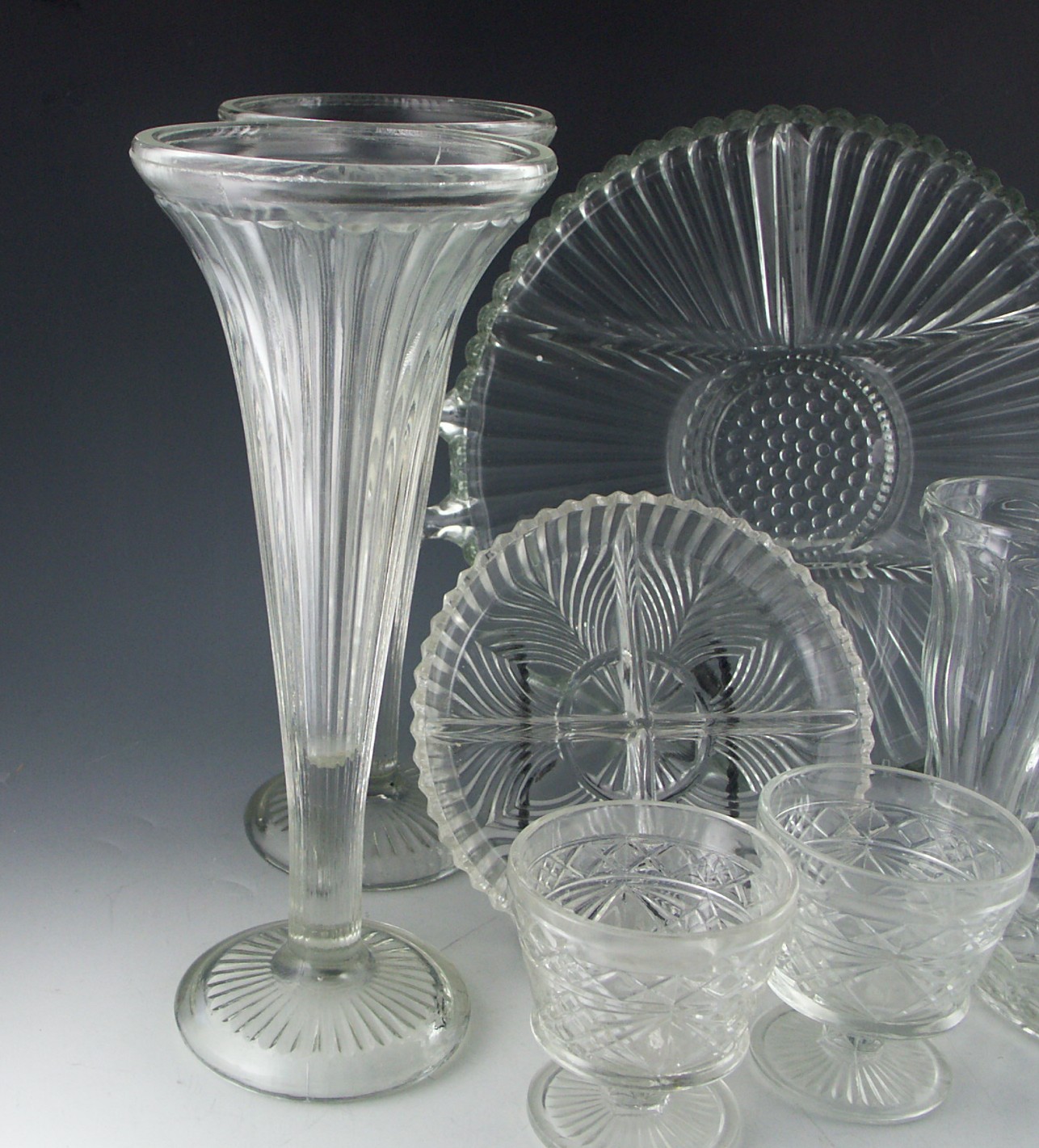 Shelf Lot of Vintage Pressed Glass and Crystal Items