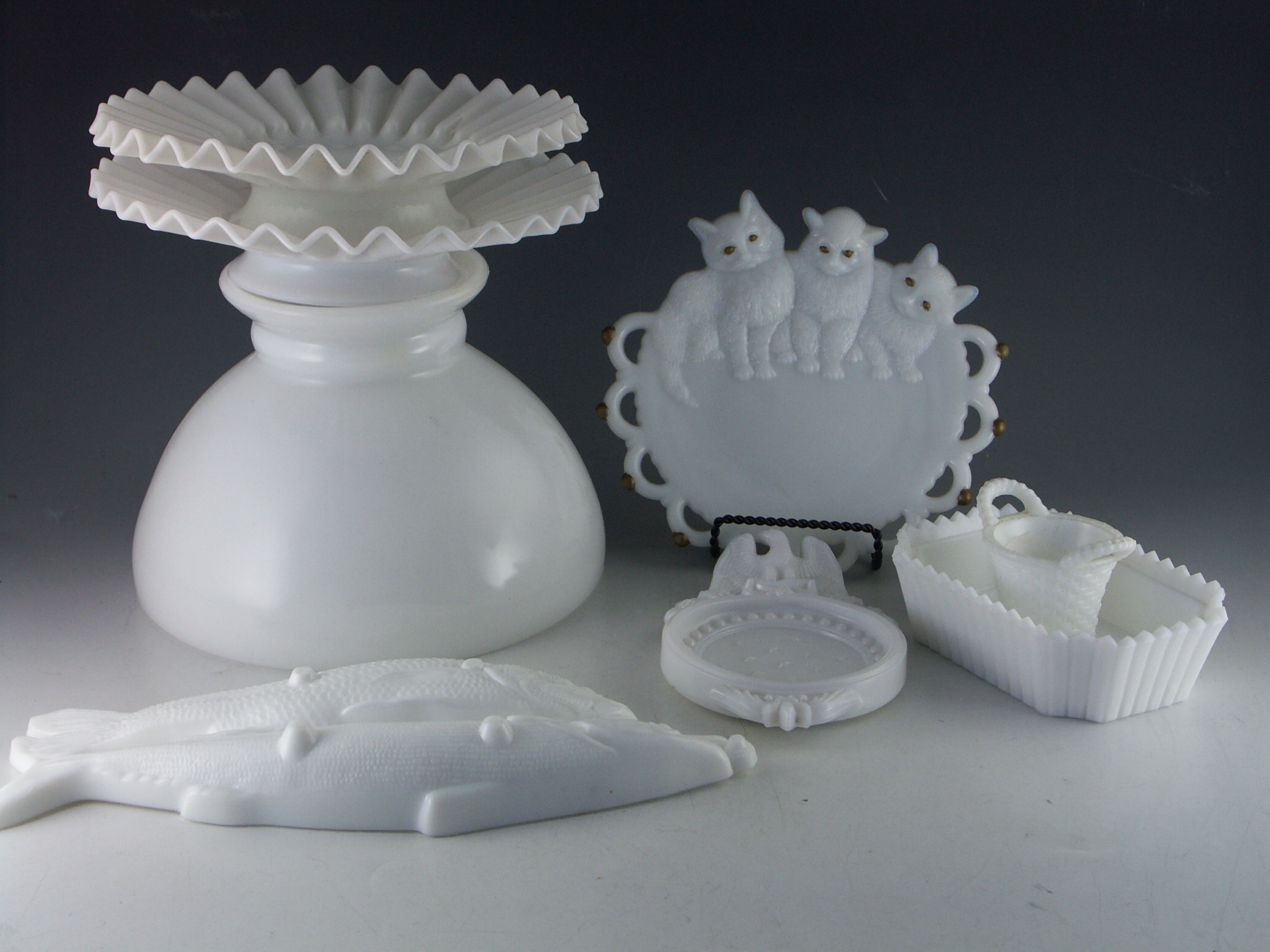 Shelf Lot of White Milk Glass Decorative Items