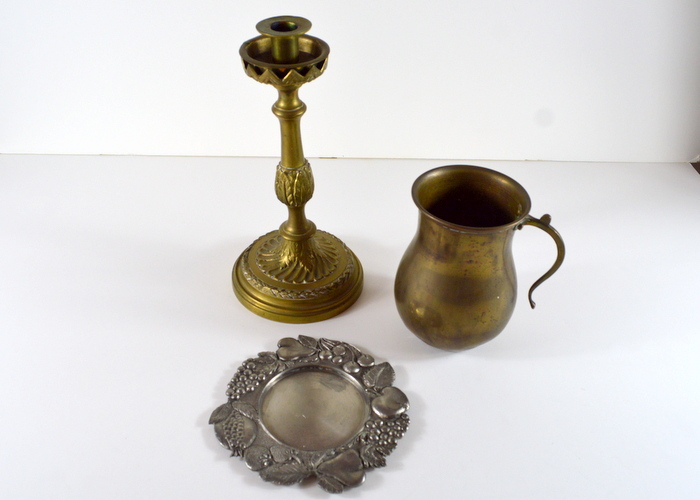 Antique Brass Candlestick, Antique Brass Single Handle Vase, Pewter Wine Coaster