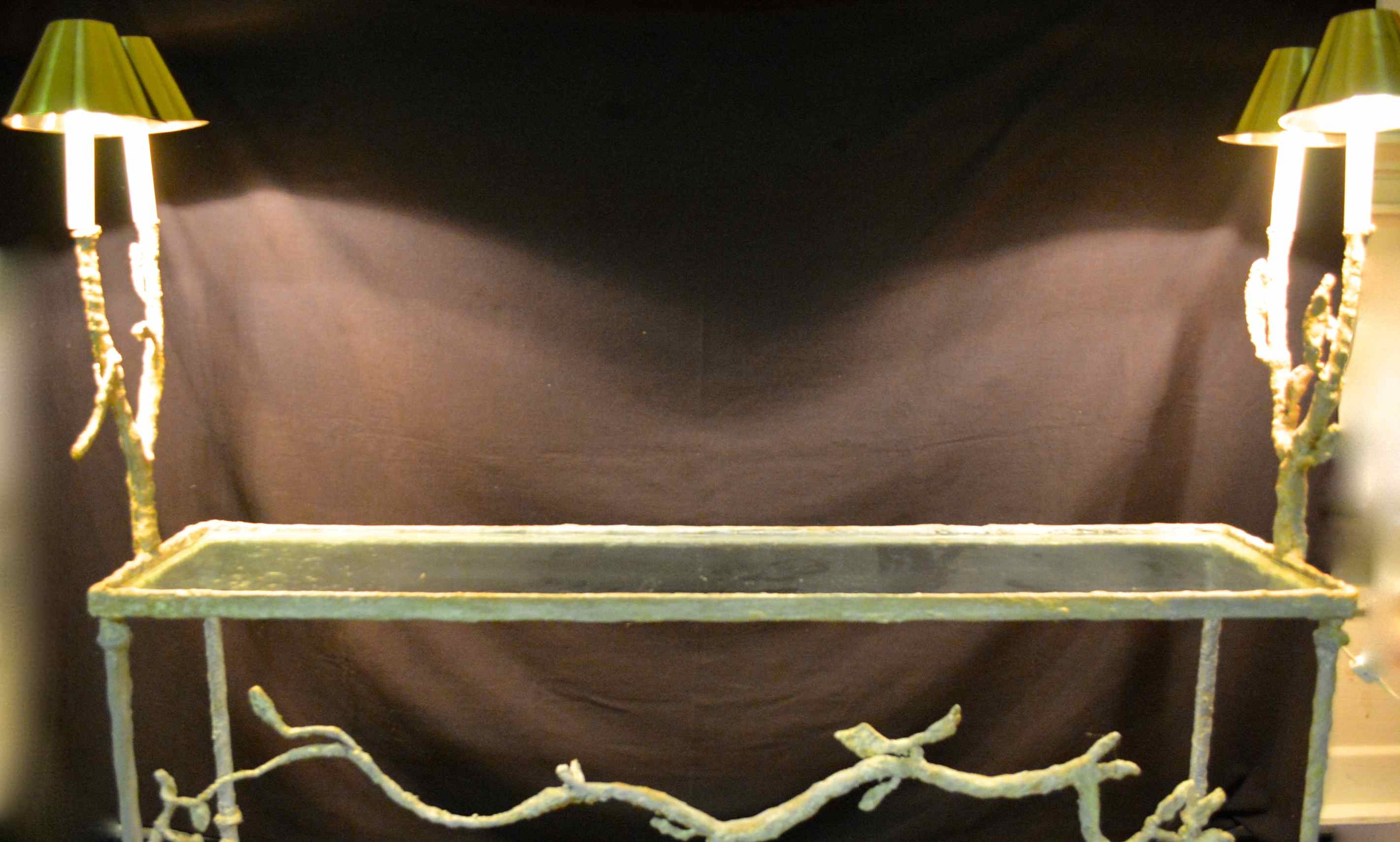 Glass Topped Hard Clay Console with Bird Motif & Attached Lamps with Shades 