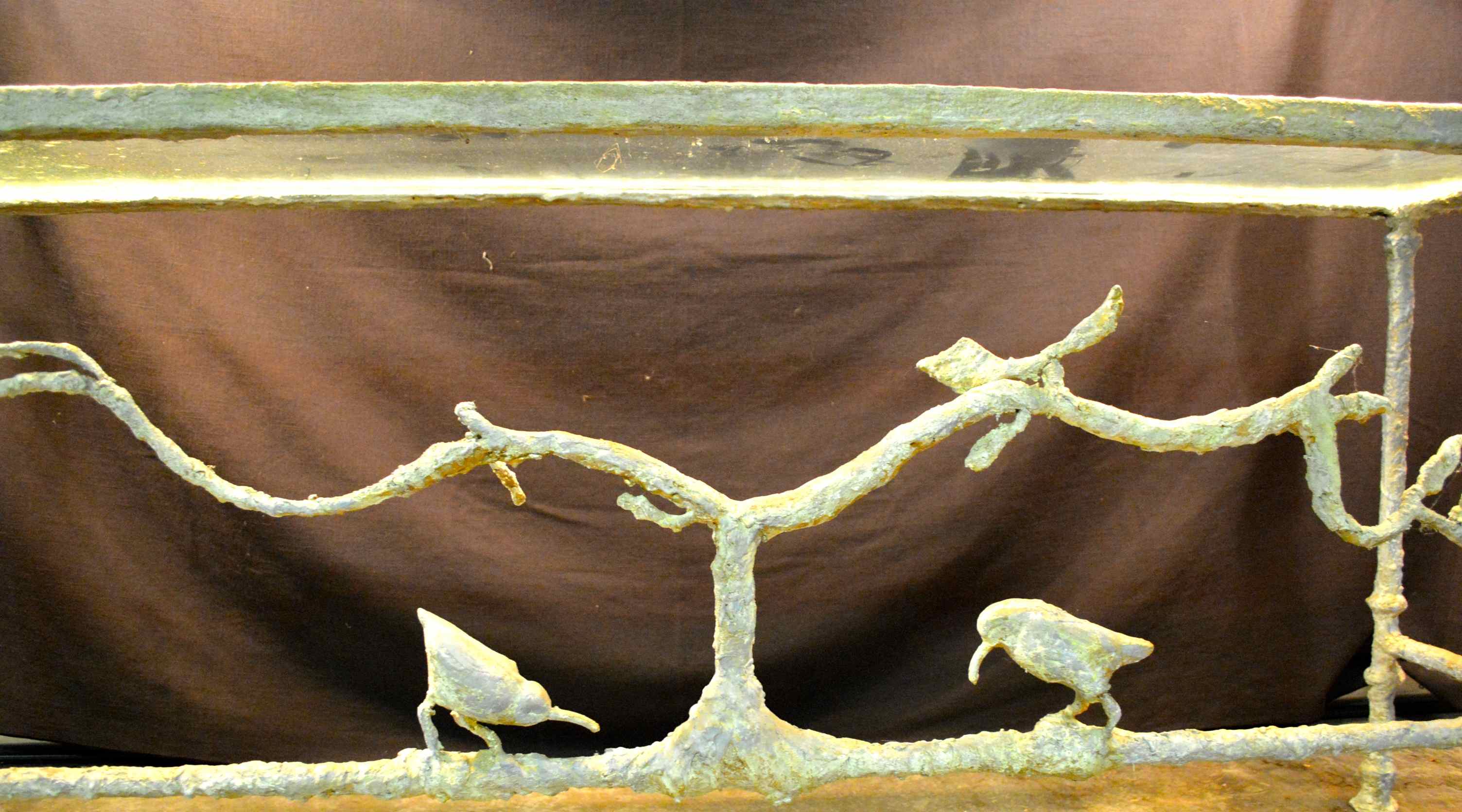 Glass Topped Hard Clay Console with Bird Motif & Attached Lamps with Shades 