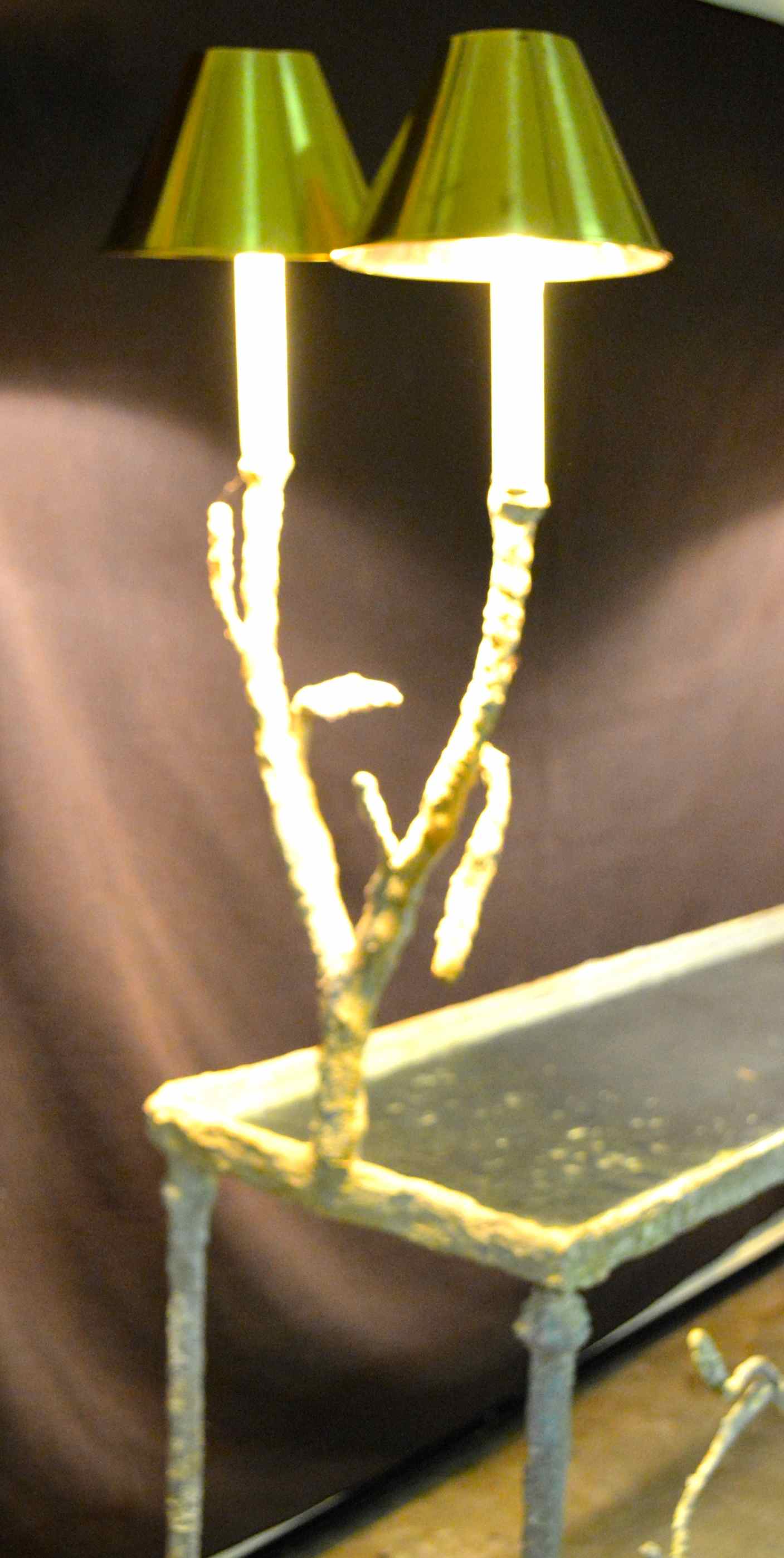 Glass Topped Hard Clay Console with Bird Motif & Attached Lamps with Shades 