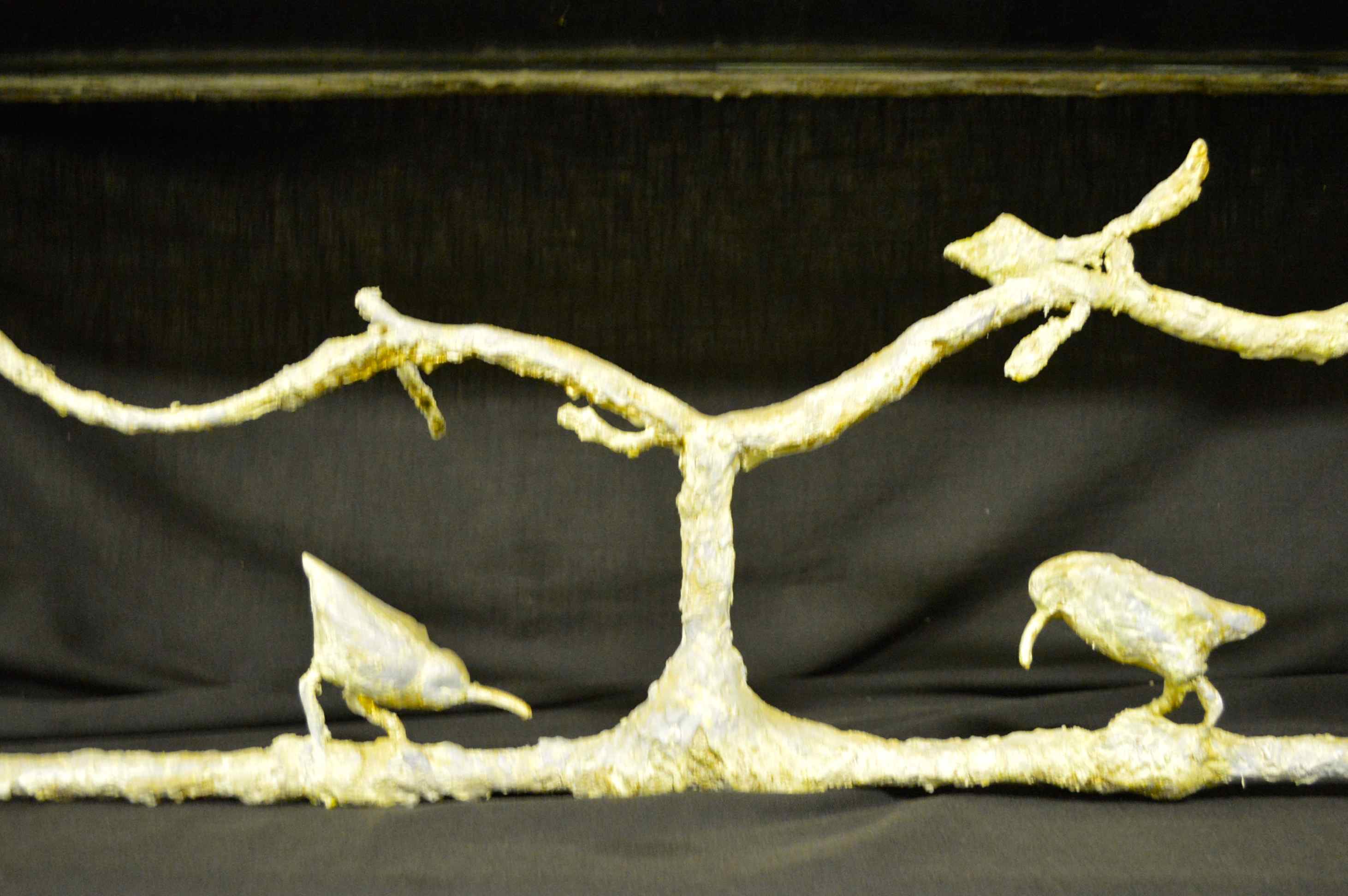 Glass Topped Hard Clay Console with Bird Motif & Attached Lamps with Shades 