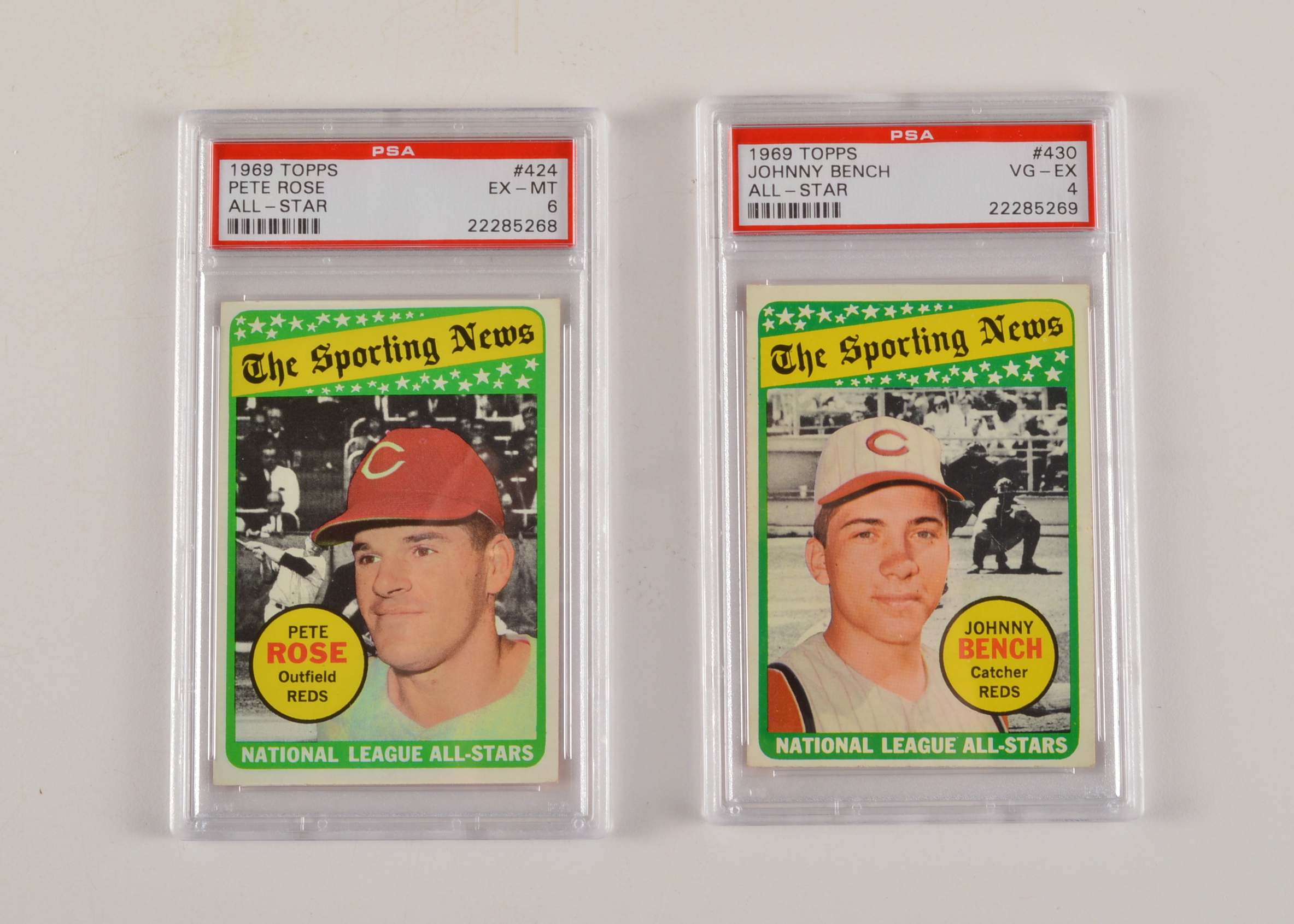 (2) 1969 Johnny Bench & Pete Rose Cincinnati Reds Topps Baseball Cards PSA Grad 