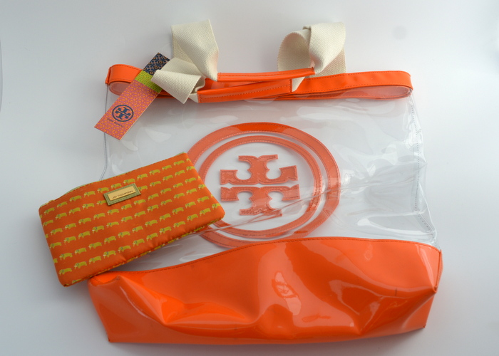 Tory Burch Orange & Clear Tote,  Jim Thompson Silk Pouch w/Chunky Gold Bead 