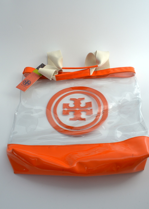 Tory Burch Orange & Clear Tote,  Jim Thompson Silk Pouch w/Chunky Gold Bead 