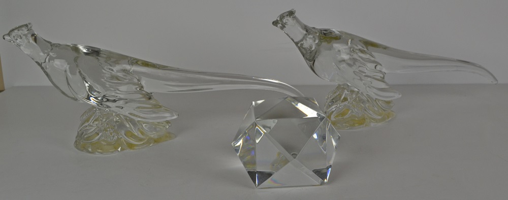 Vintage Heisey Glass Pheasants circa 1942 & Baccarat Crystal Faceted Paperweight