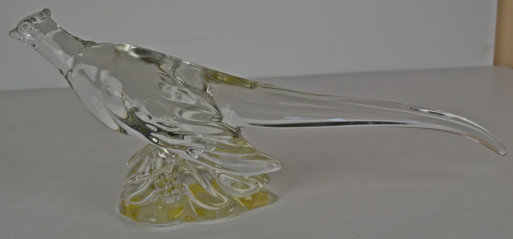 Vintage Heisey Glass Pheasants circa 1942 & Baccarat Crystal Faceted Paperweight