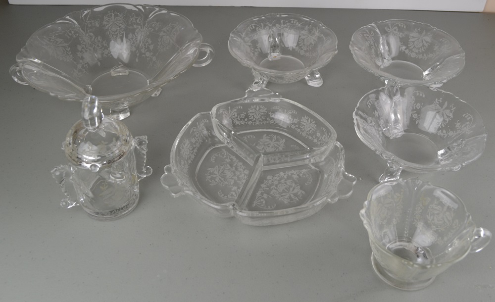 Vintage A. H. Heisey Glass Tableware  'Orchid' Etching  'Queen Anne' Blank