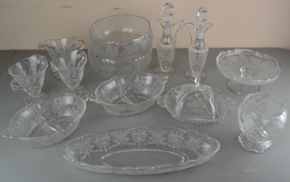 Vintage A. H.  Heisey Glass Tableware  'Orchid' Etching  'Waverly' Blank