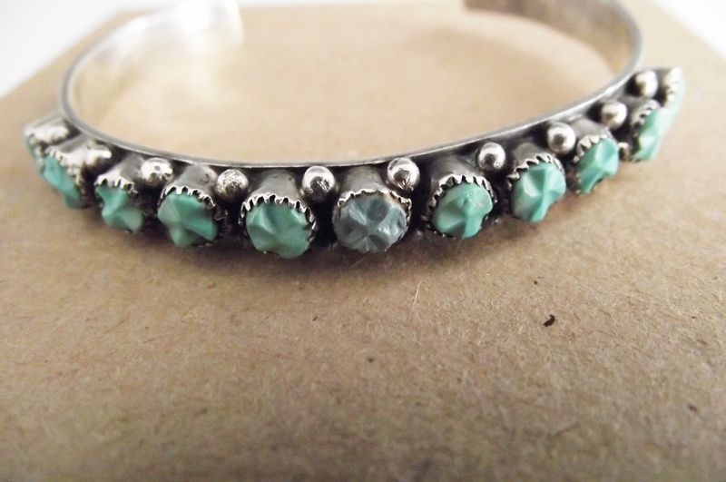Vintage Zuni Sterling Silver and Carved Turquoise Cuff Bracelet